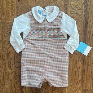 Anavini Smocked Embroidered Gingham Romper And Shirt Set New With Tags